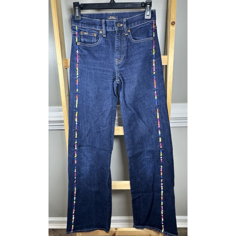 Polo Ralph Lauren Womens Wide Leg Rainbow Stitch Dark Denim Jeans Size 24 Reg